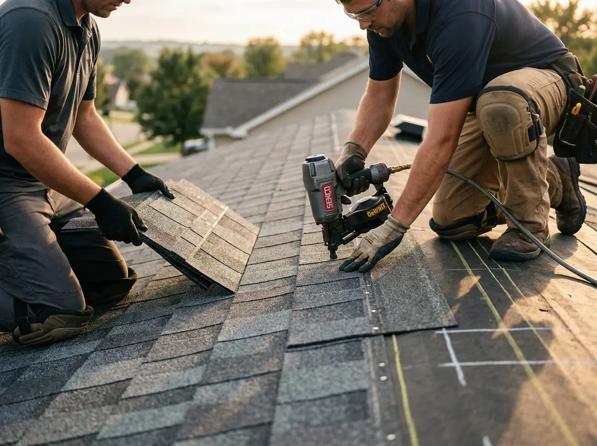 Professional roofer working on a residential roof in Waterford
